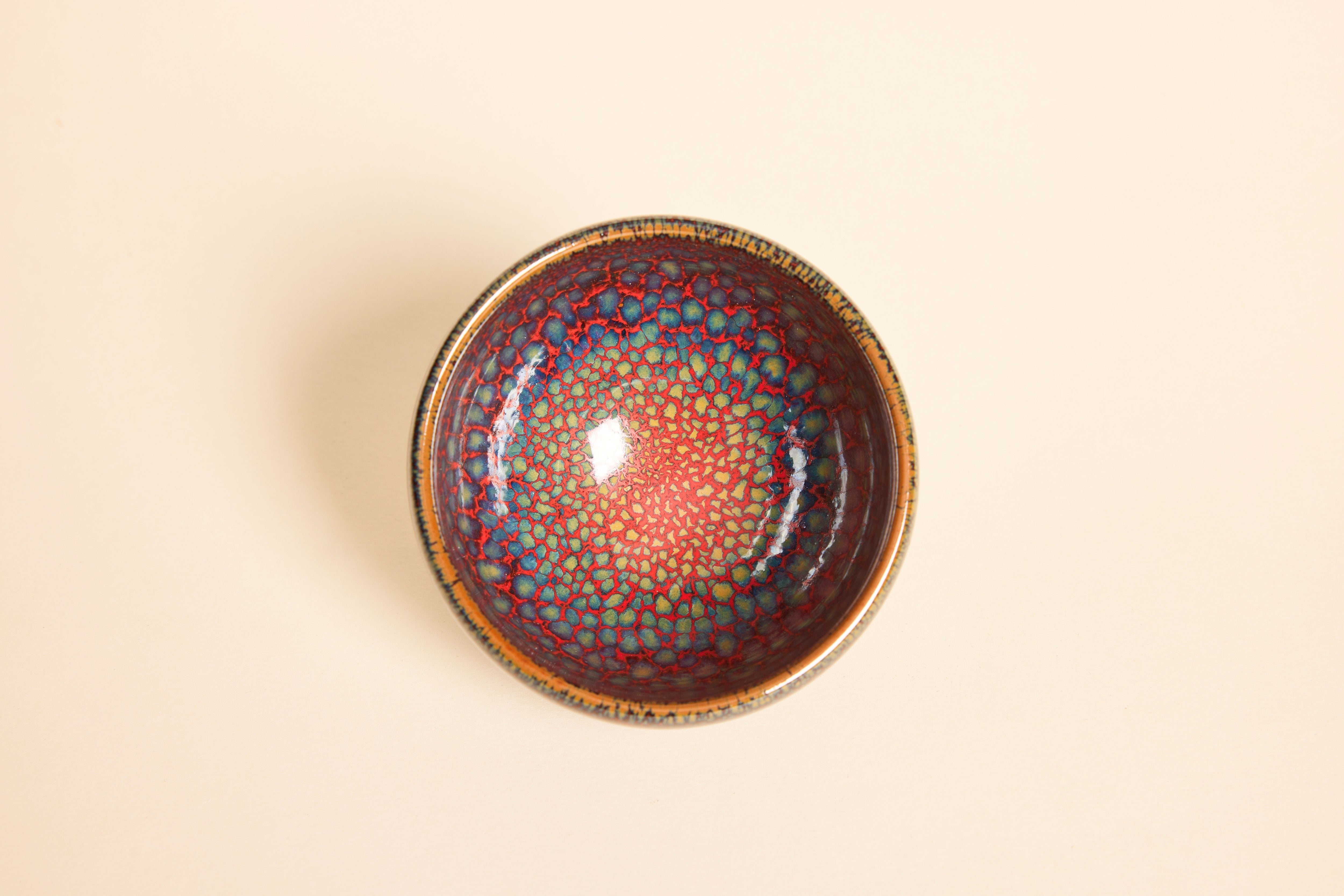 Lustre of Flame – Tenmoku Jianzhan Tea Cup, Twin-Color Partridge Spots (Red & Black Dragon Scale Glaze)